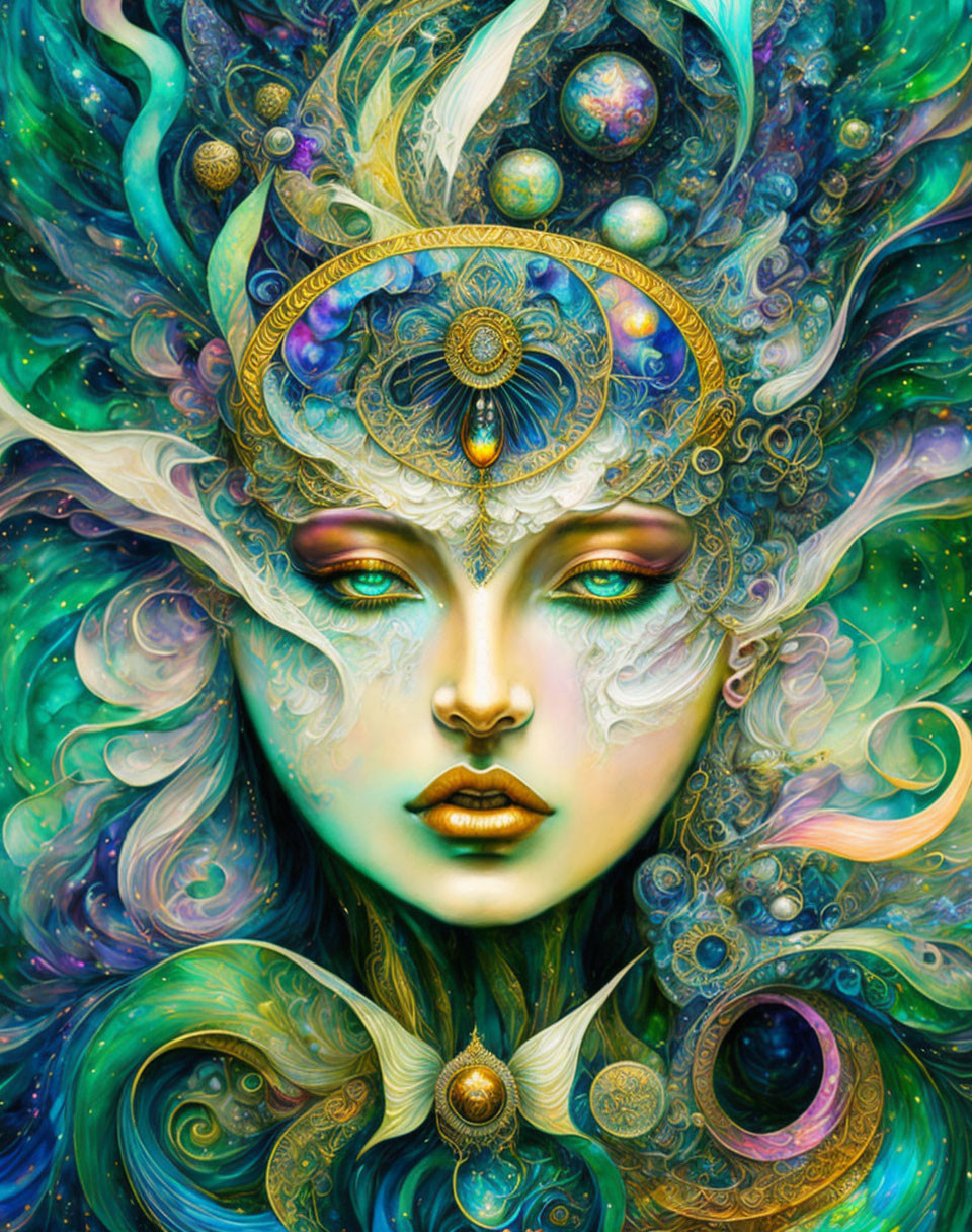 Vibrant digital artwork of mystical female figure with cosmic and floral patterns