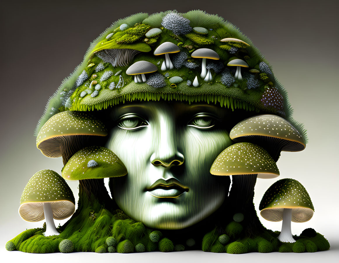 Person's Face Illustration with Mushroom and Moss Hair Integration