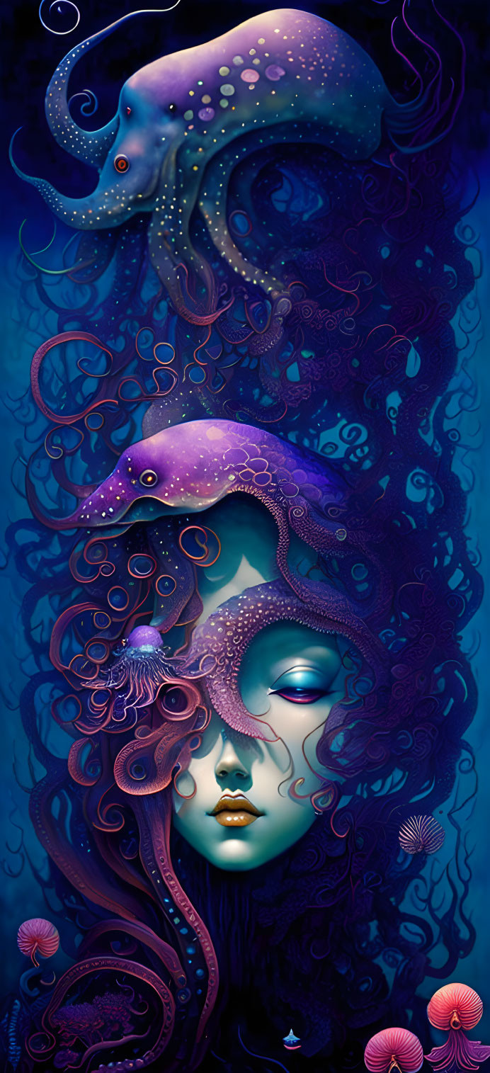 Surreal illustration of woman's face with mask-like appearance and octopi on dark blue background