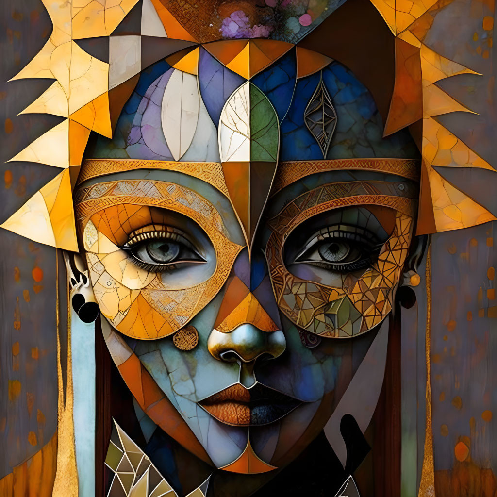 Symmetrical woman's face artwork with leaf motifs in vivid colors