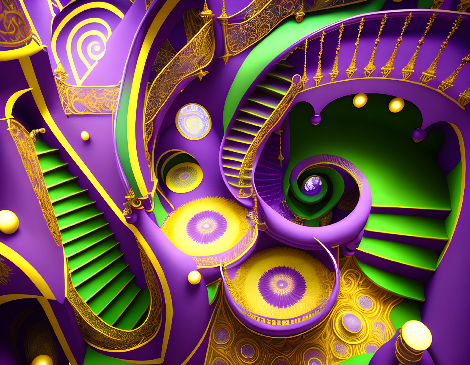 Abstract purple and green staircase with golden details and floating spheres