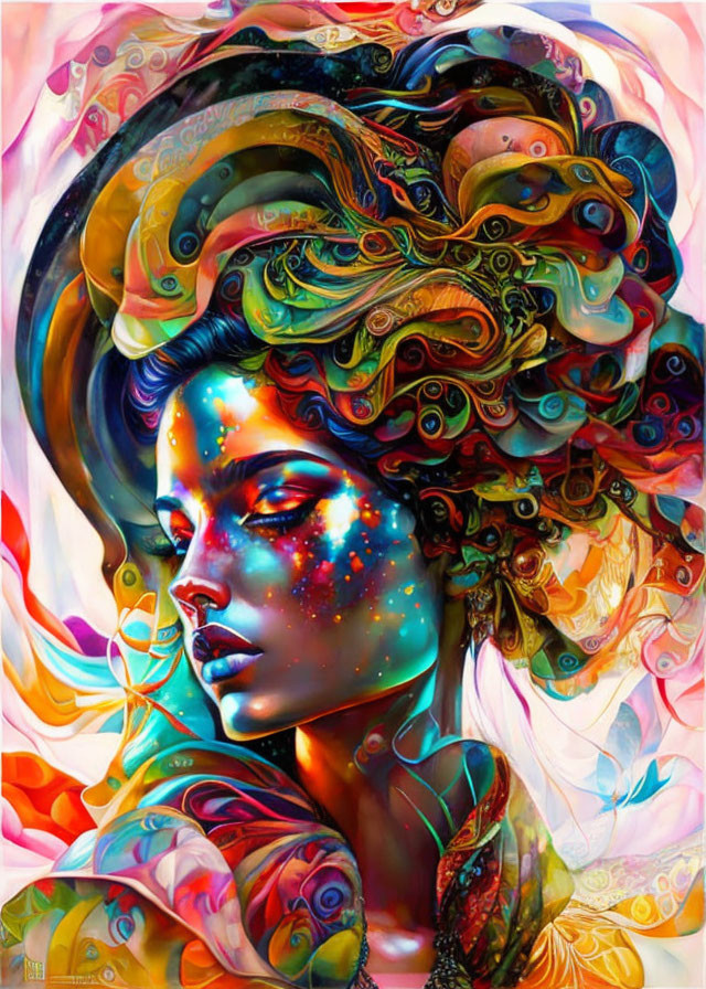 Colorful Digital Artwork: Woman with Cosmic Skin and Vibrant Patterns