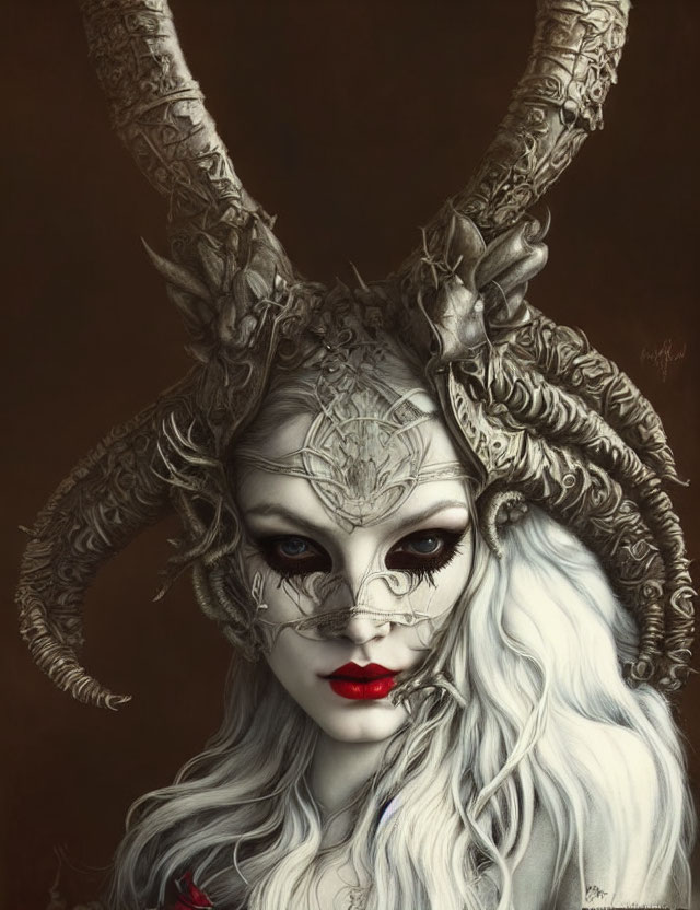 Woman with pale skin, dark ram horns, white hair, red lips, and intricate facial markings.