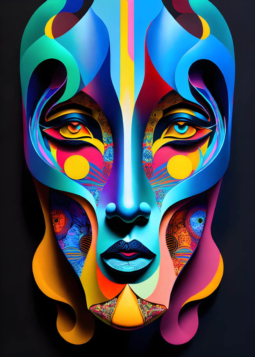 Vibrant abstract digital art: symmetrical human face with intricate patterns on dark background