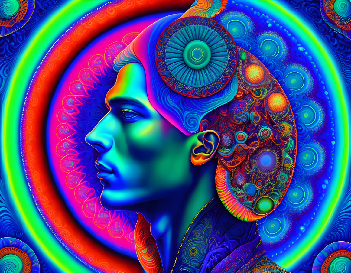 Colorful Psychedelic Human Head Profile Artwork with Spiral Background