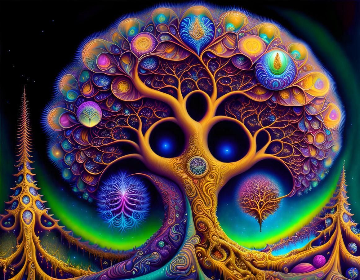 Colorful Psychedelic Tree Illustration with Glowing Orbs