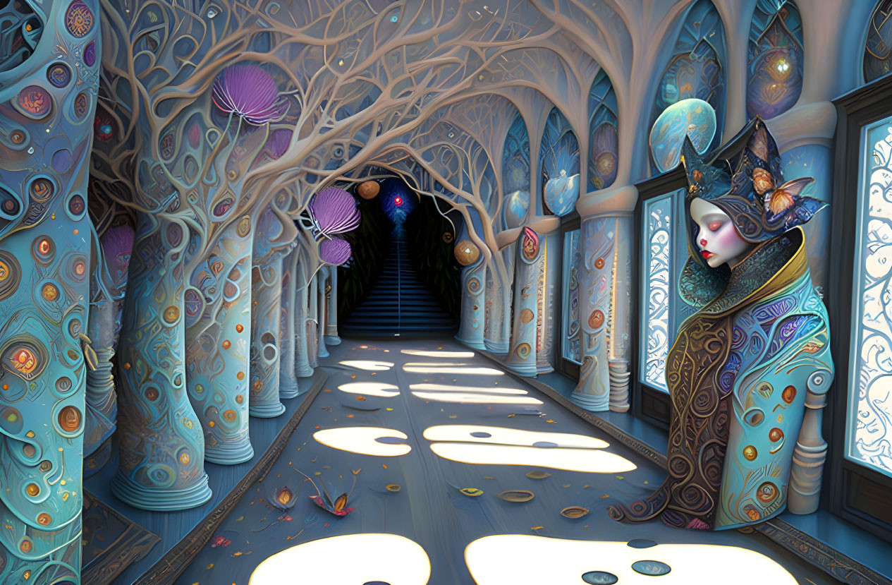 Colorful surreal illustration of mystical figure in ornate headpiece in intricate corridor with floating orbs and jelly