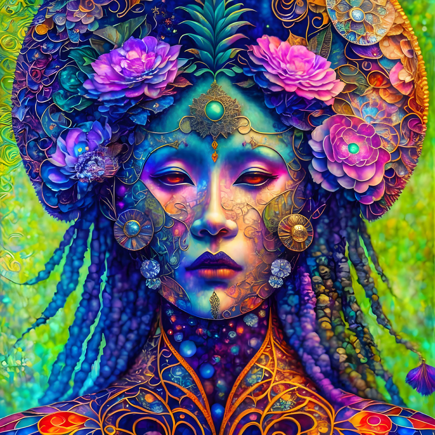 Colorful portrait of female figure with floral headgear and intricate skin patterns