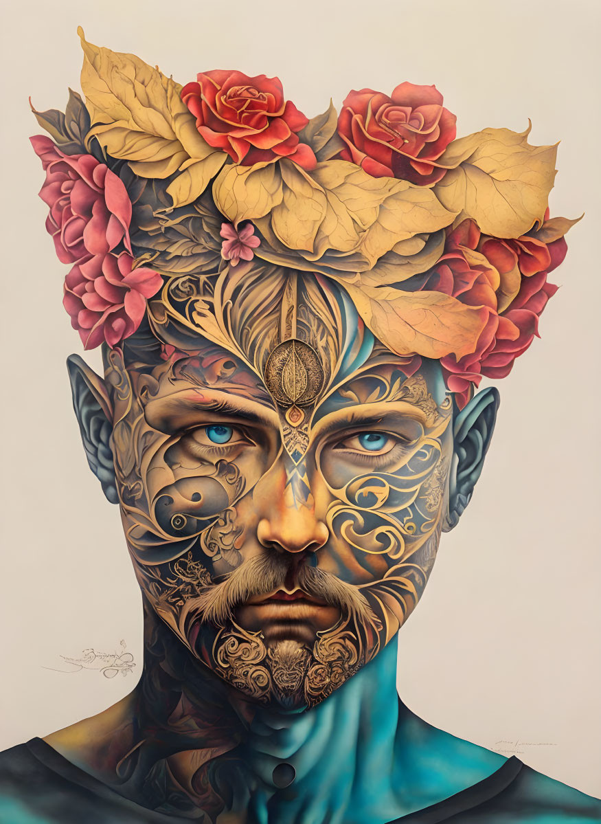 Portrait of a person with ornate face tattoos and red flower crown