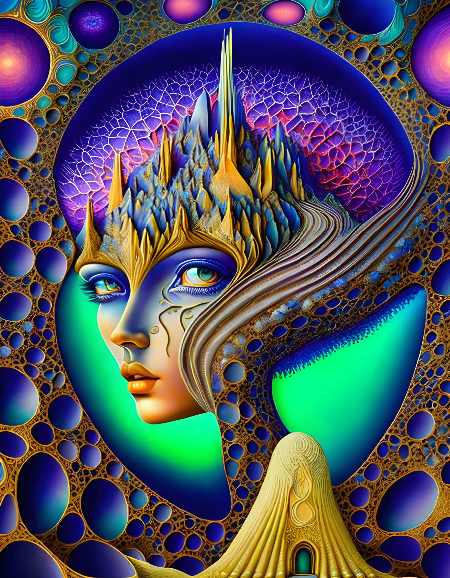 Colorful surreal female face with cosmic background.