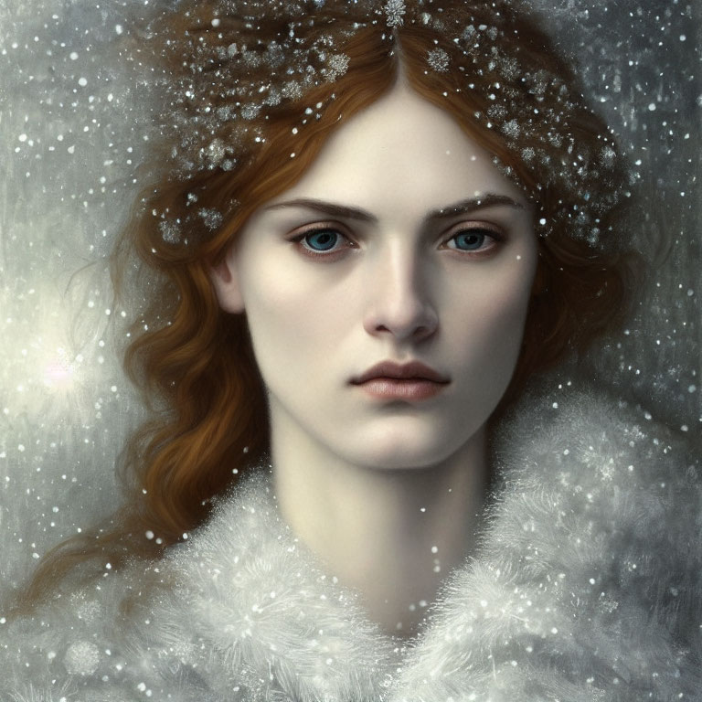 Portrait of Woman with Red Hair and Blue Eyes in Snowy Setting