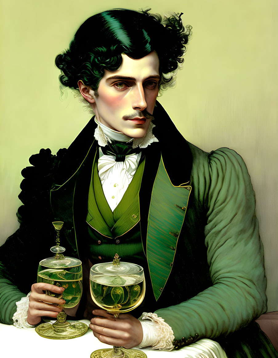 Stylized portrait of man in 19th-century green suit with wine