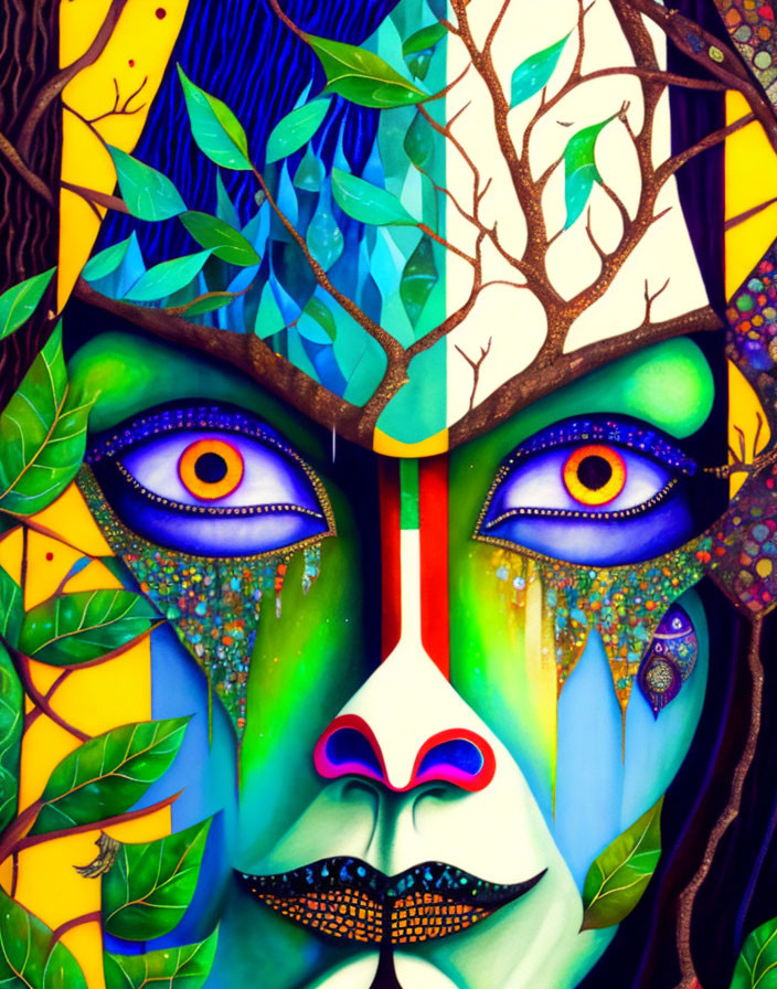 Colorful Artwork: Stylized Face with Nature Elements