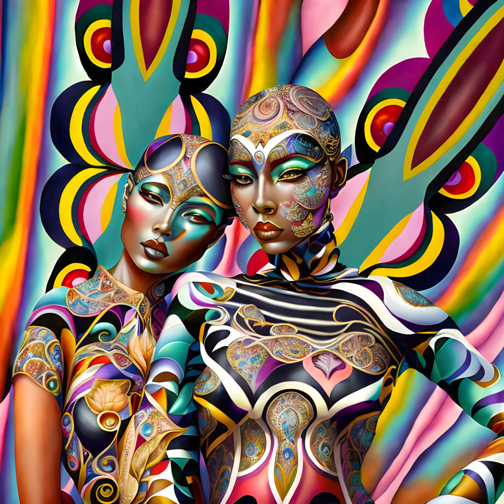 Colorful stylized figures with elaborate face paint and patterned clothing on swirling backdrop.