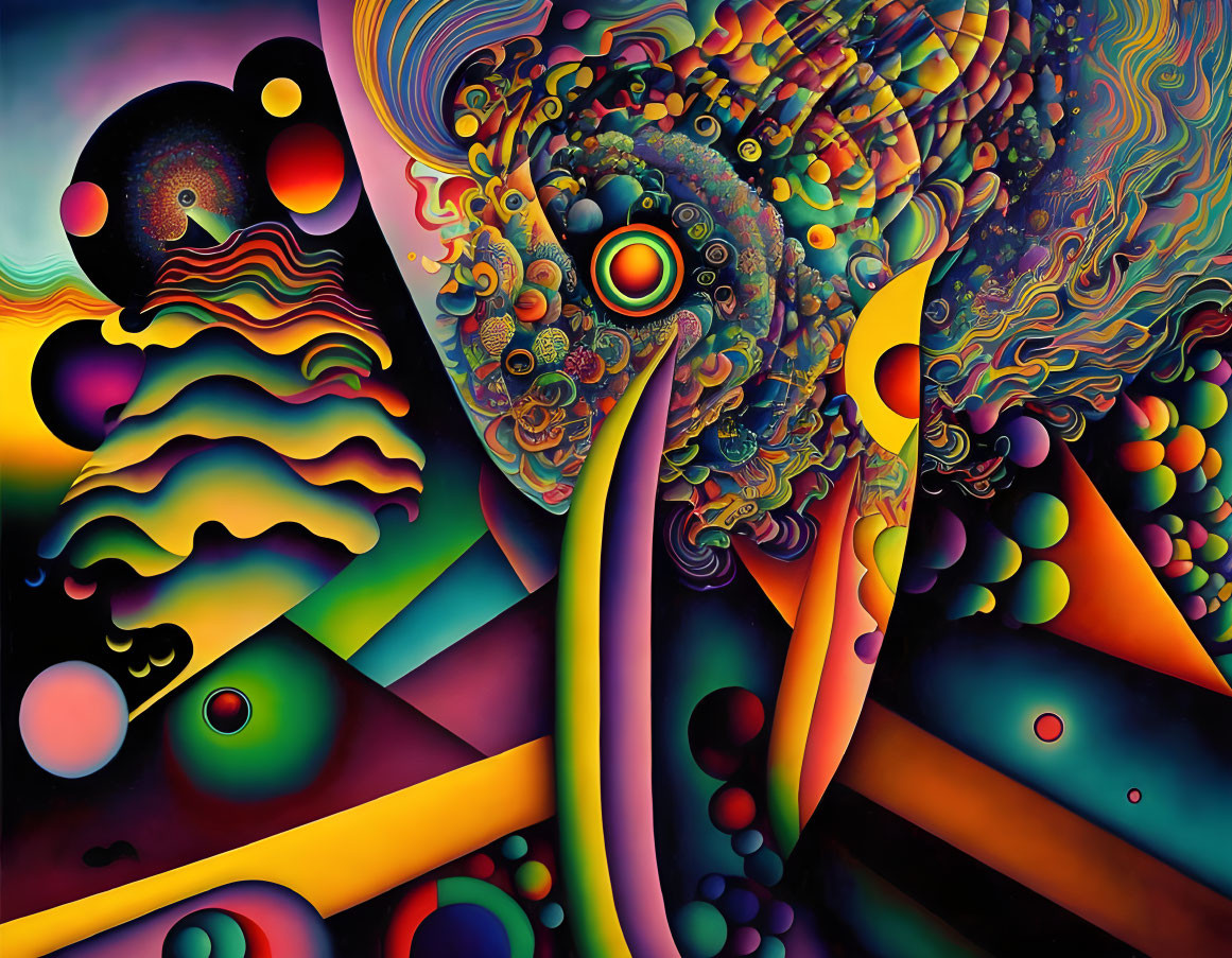 Colorful Psychedelic Artwork with Swirling Patterns and Abstract Shapes