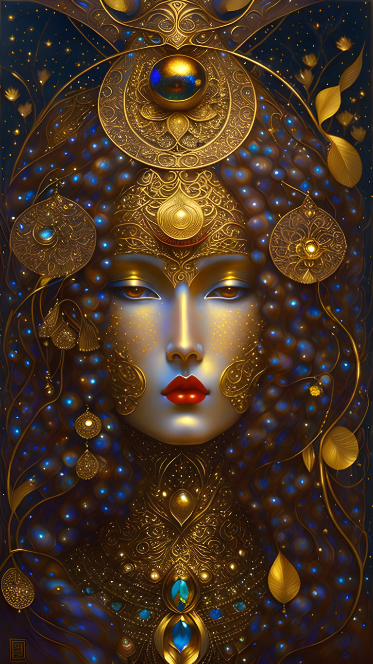 Detailed woman's face illustration with gold and blue jewels, butterflies, and starlit backdrop