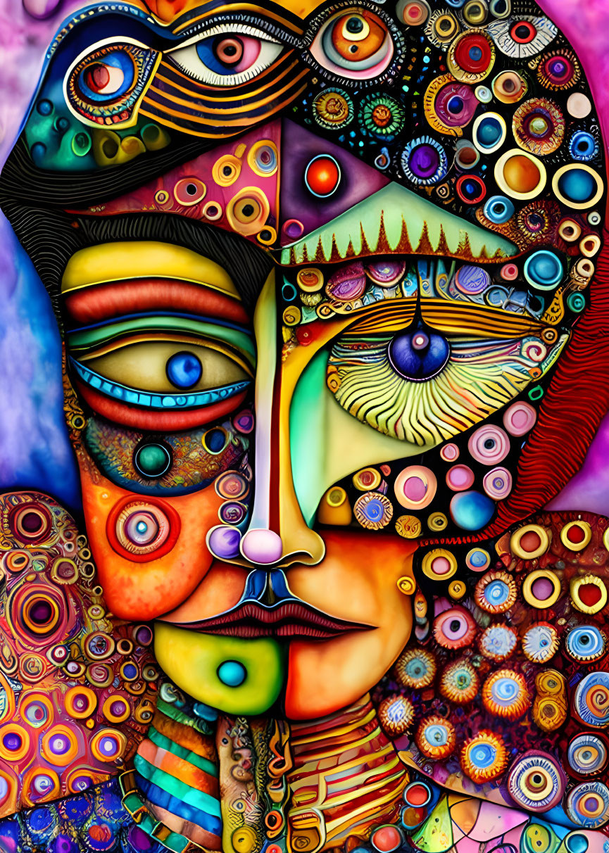 Colorful Abstract Art: Vibrant Face with Multiple Eyes