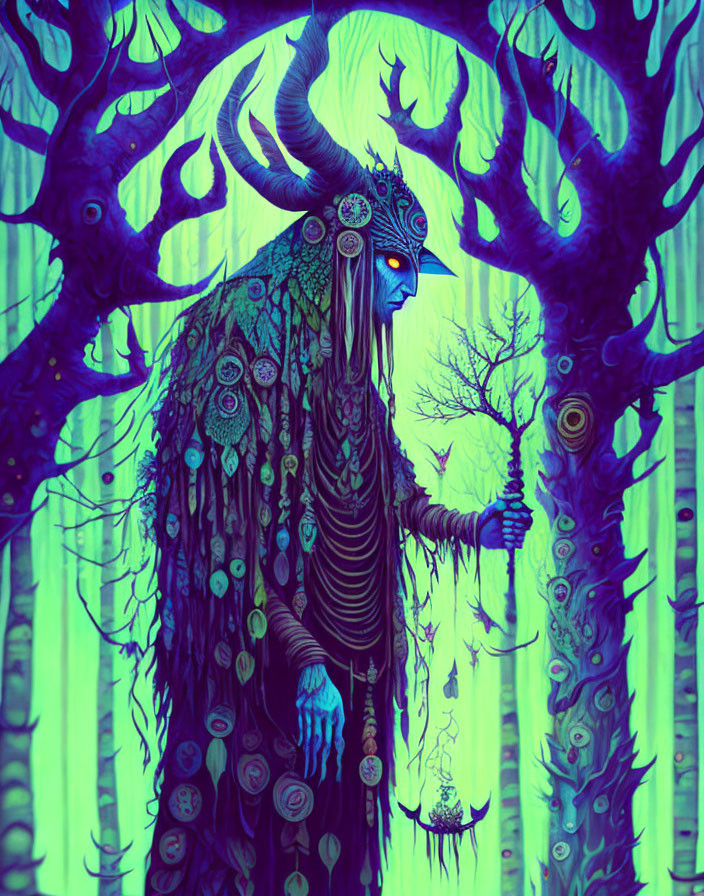 Blue-skinned forest spirit with horn and lantern in mystical forest