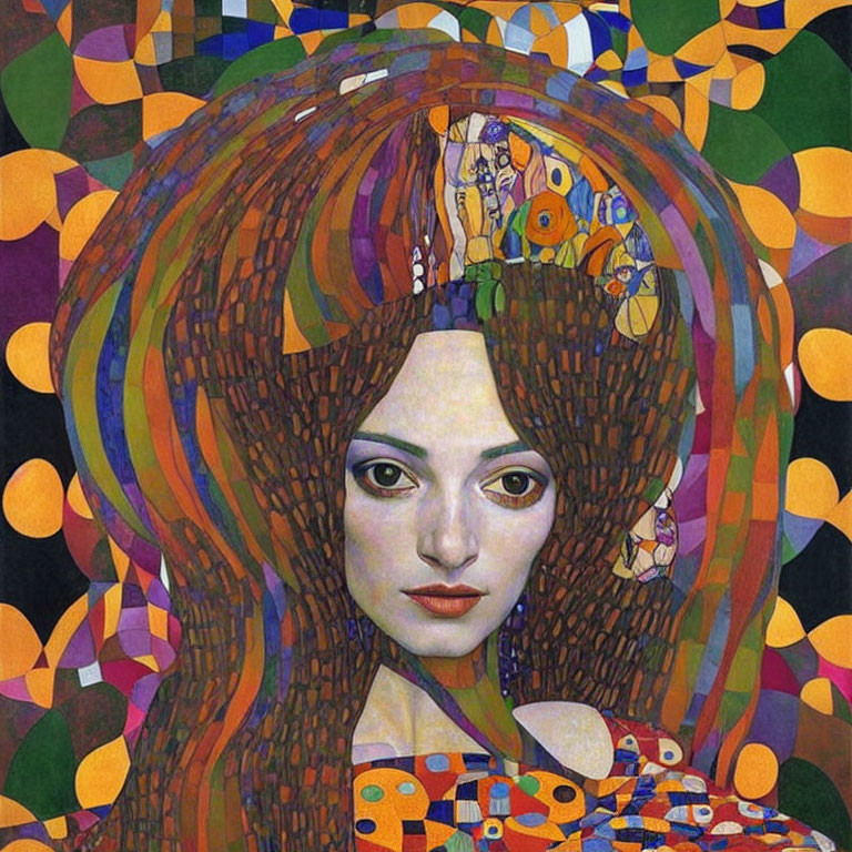 Vibrant painting of woman with ornate aura, floral hair, and mosaic backdrop