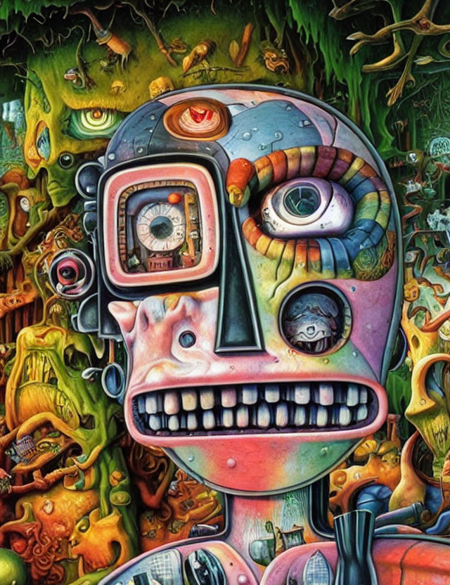 Vibrant surreal painting of robotic face with diverse textures and organic elements