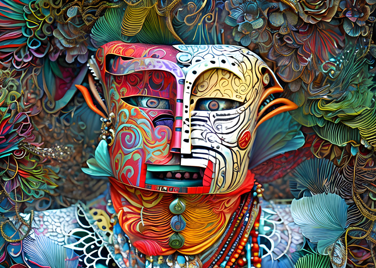 Colorful Abstract Digital Artwork with Mask-Like Figure and Floral Designs