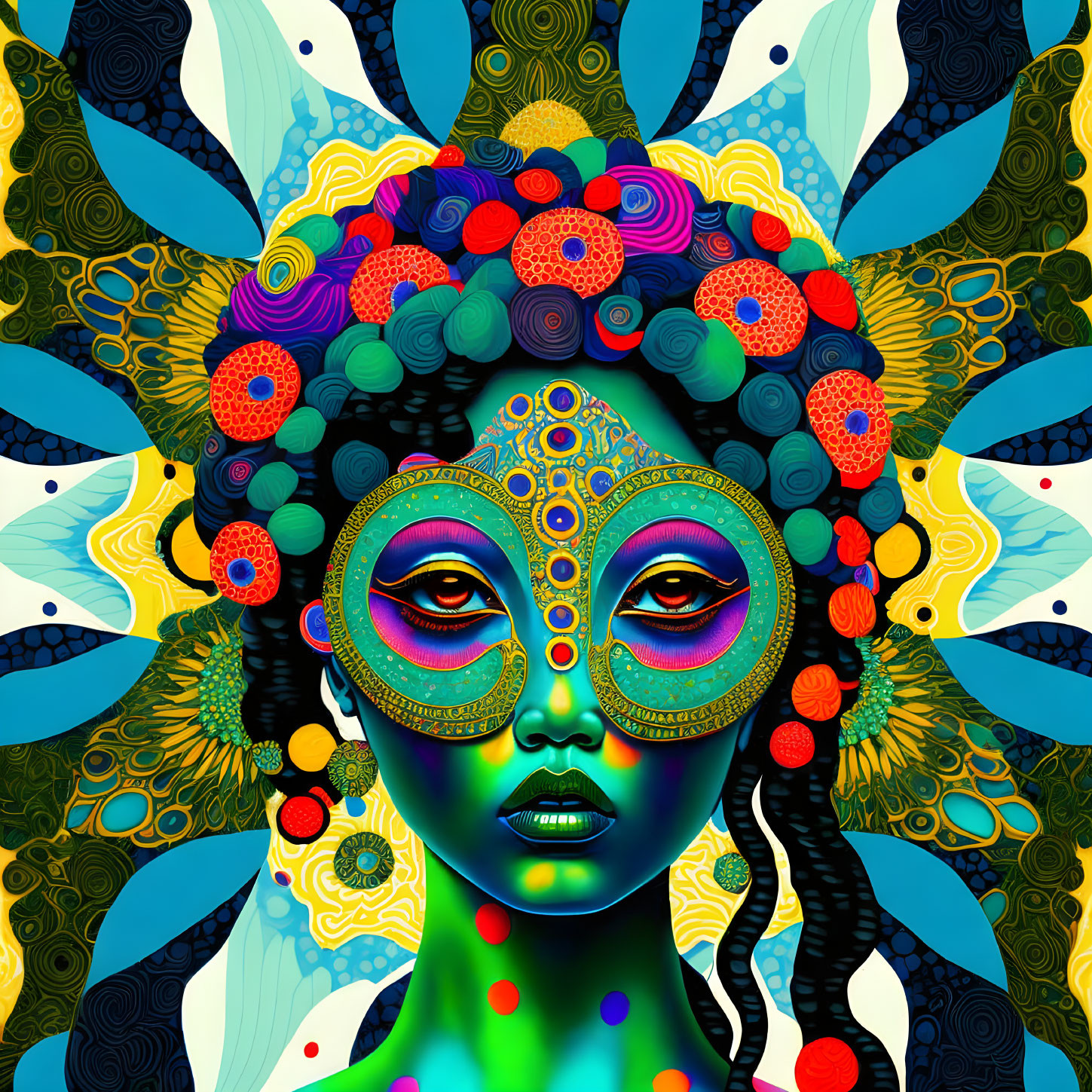 Colorful Psychedelic Portrait of Woman with Patterns on Face & Hair