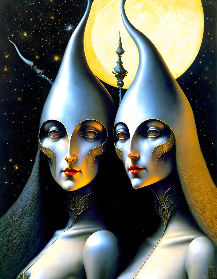 Surreal statuesque figures with elongated heads in cosmic setting