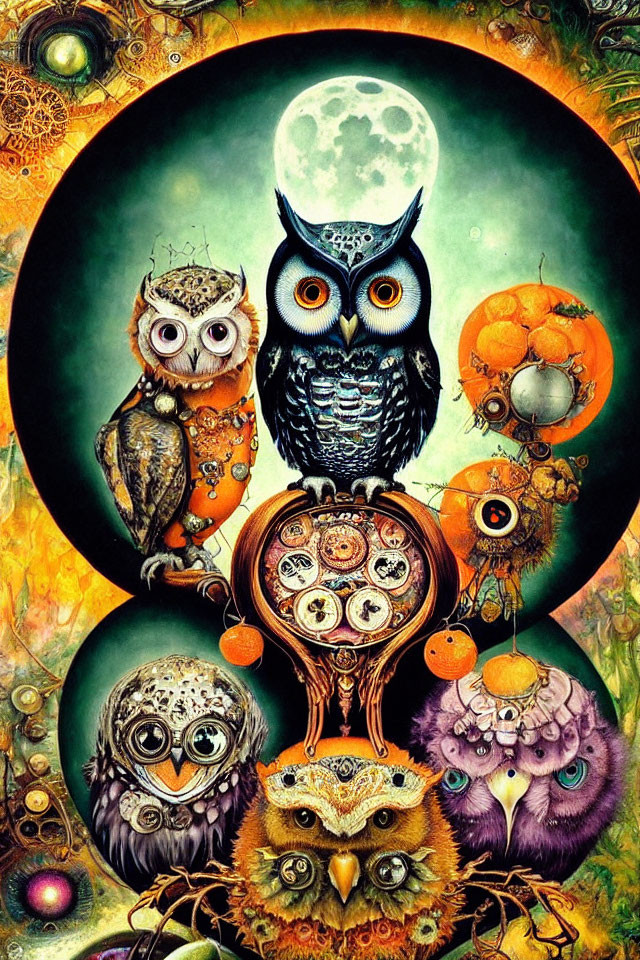 Colorful Owl Artwork with Celestial and Mechanical Details