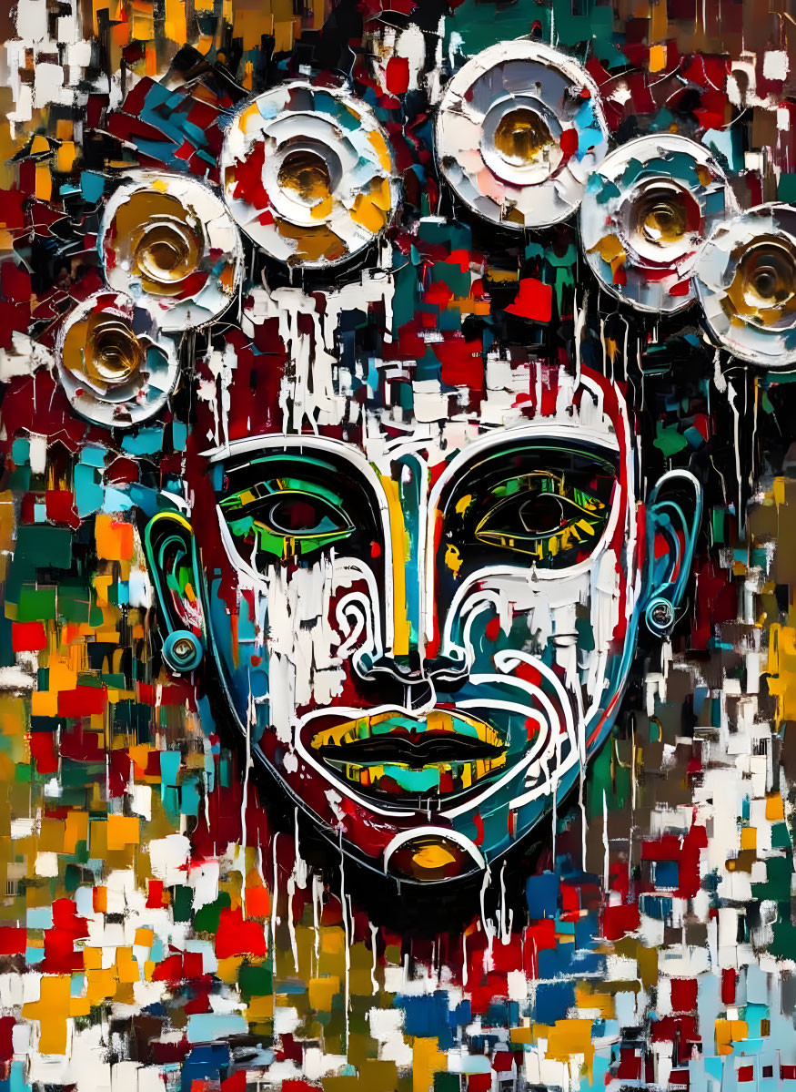 Vibrant Abstract Painting: Stylized Face with Concentric Circles