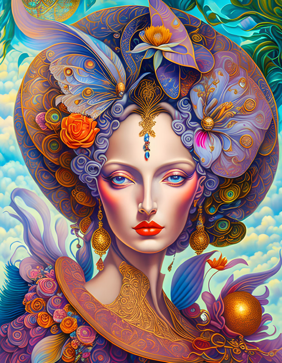 Colorful Woman Illustration with Flowers, Butterflies, and Jewelry