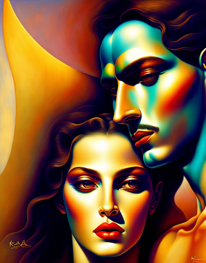 Vibrant digital painting of woman and man's profiles in surreal style