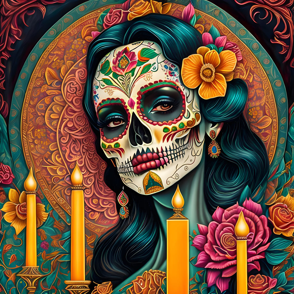 Colorful Day of the Dead Woman Portrait with Floral Design and Candles