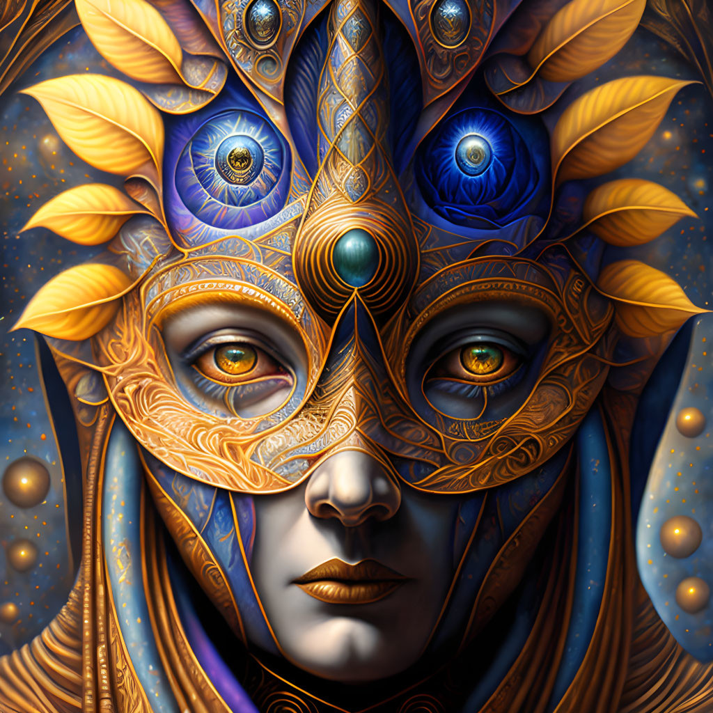 Detailed artwork: Person with mystical mask, golden patterns, blue hues, eye motifs, exudes en