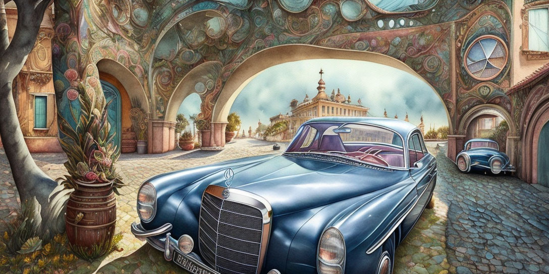 Vibrant artwork of vintage cars on ornate street