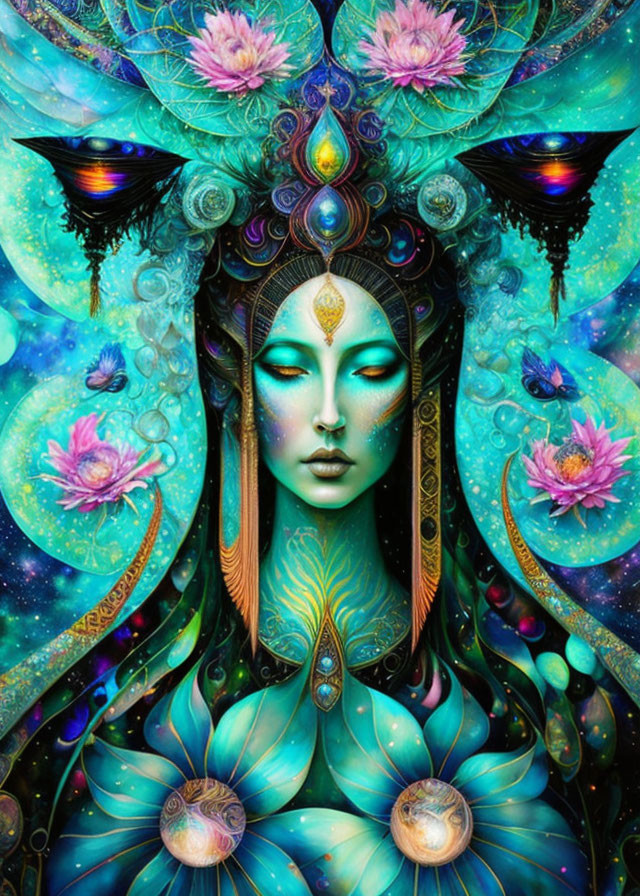 Colorful psychedelic art: Woman with blue skin and ornate headpieces