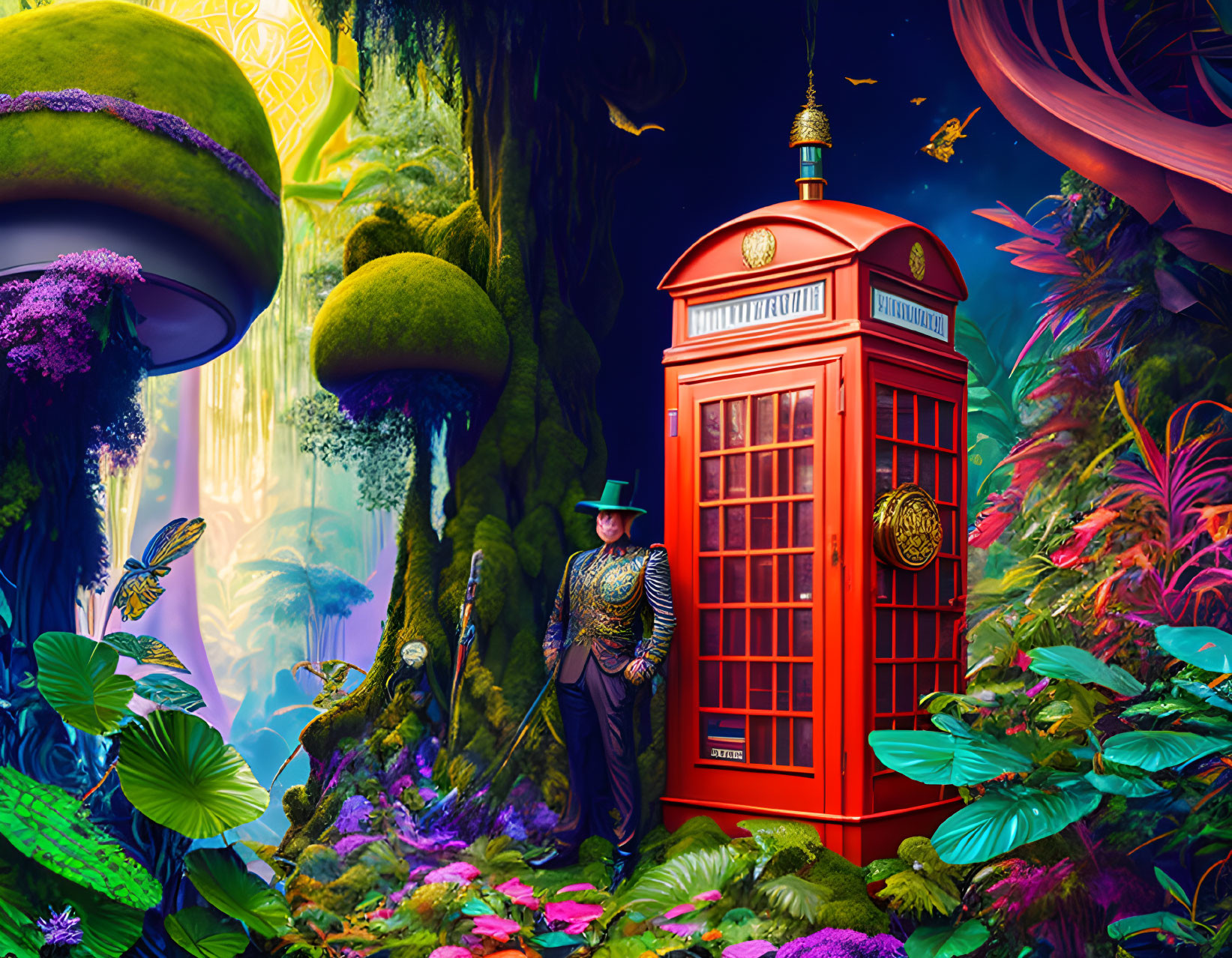 Person in fedora by red phone booth in fantastical landscape with waterfalls.