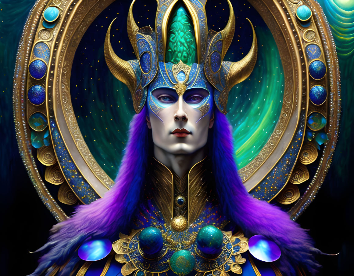 Majestic blue and gold headpiece on mystical figure against peacock feather backdrop