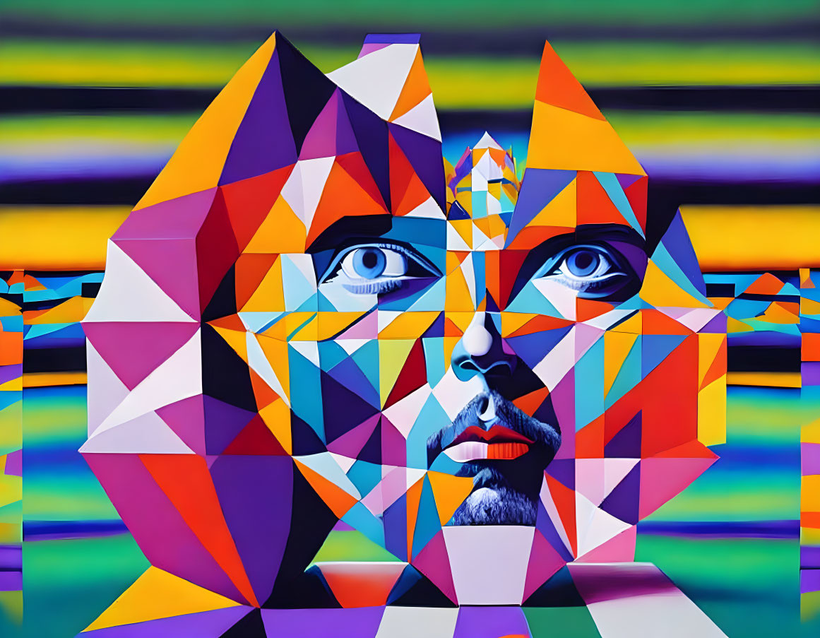 Geometric Abstract Portrait with Realistic Human Face and Colorful Angular Shapes