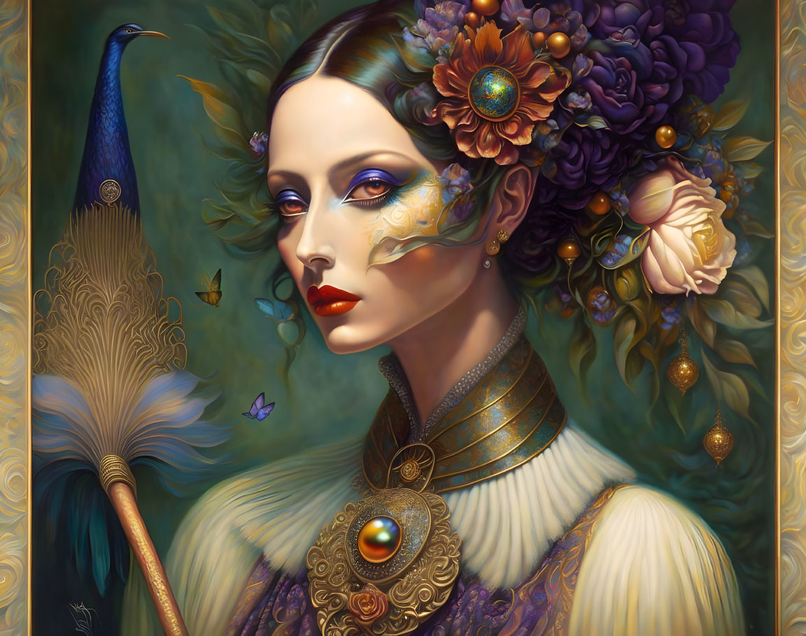 Illustrated woman in peacock-themed attire with flower decorations, holding feather fan on golden backdrop