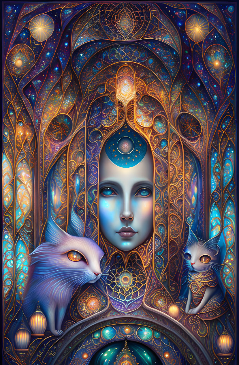 Colorful cosmic illustration of serene female face with cats and symbols