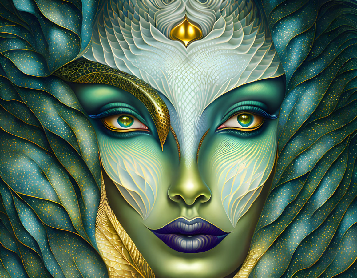 Colorful digital artwork: Woman's face with peacock feather motifs, intricate patterns, and third eye