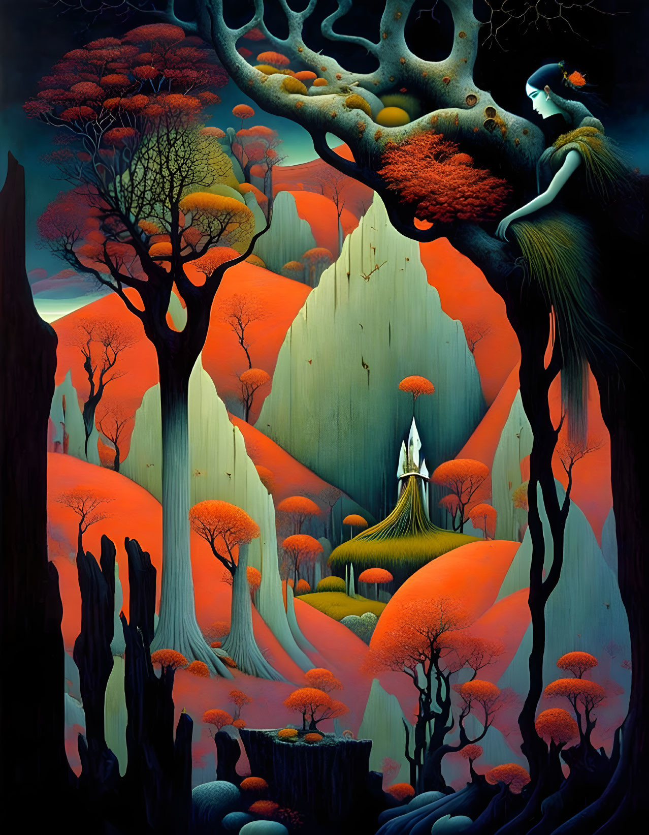 Colorful Surreal Forest Painting with Figure and Castle Landscape