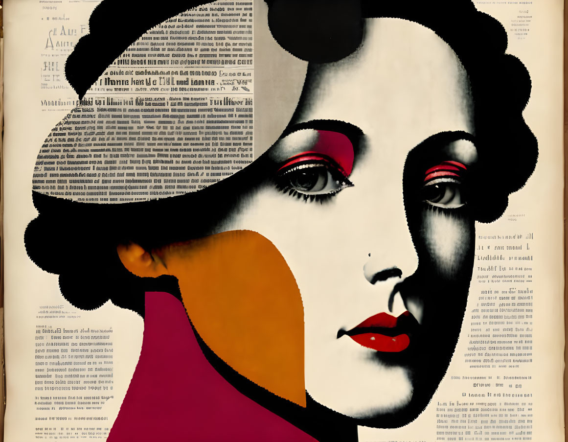 Female portrait with newspaper-text background, red lips, black hair, and hat.