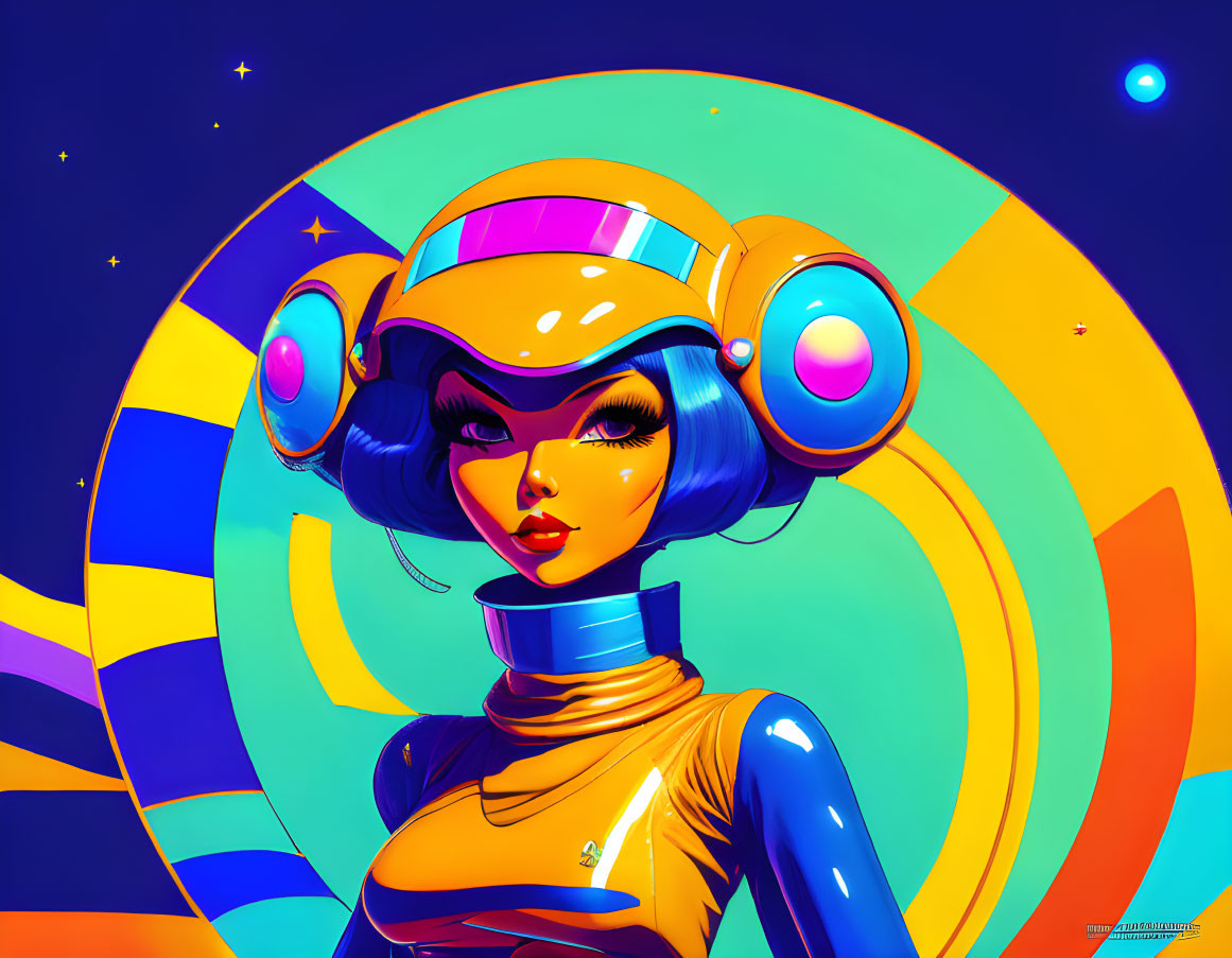 Colorful Helmet and Headphones on Futuristic Female in Psychedelic Space Background