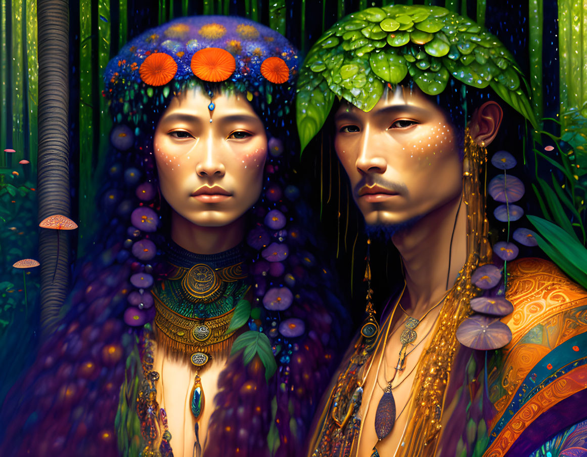 Illustration of man and woman in nature-inspired attire in lush forest