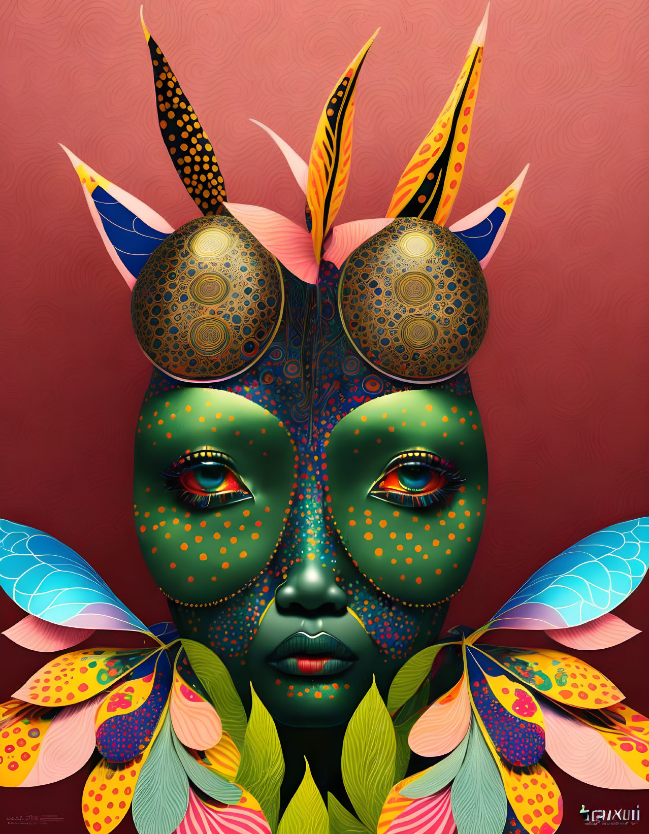 Colorful face art with green skin, butterfly wings, and feathered headdress