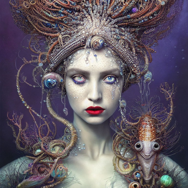 Surreal portrait of woman with intricate headdress and fantastical creature