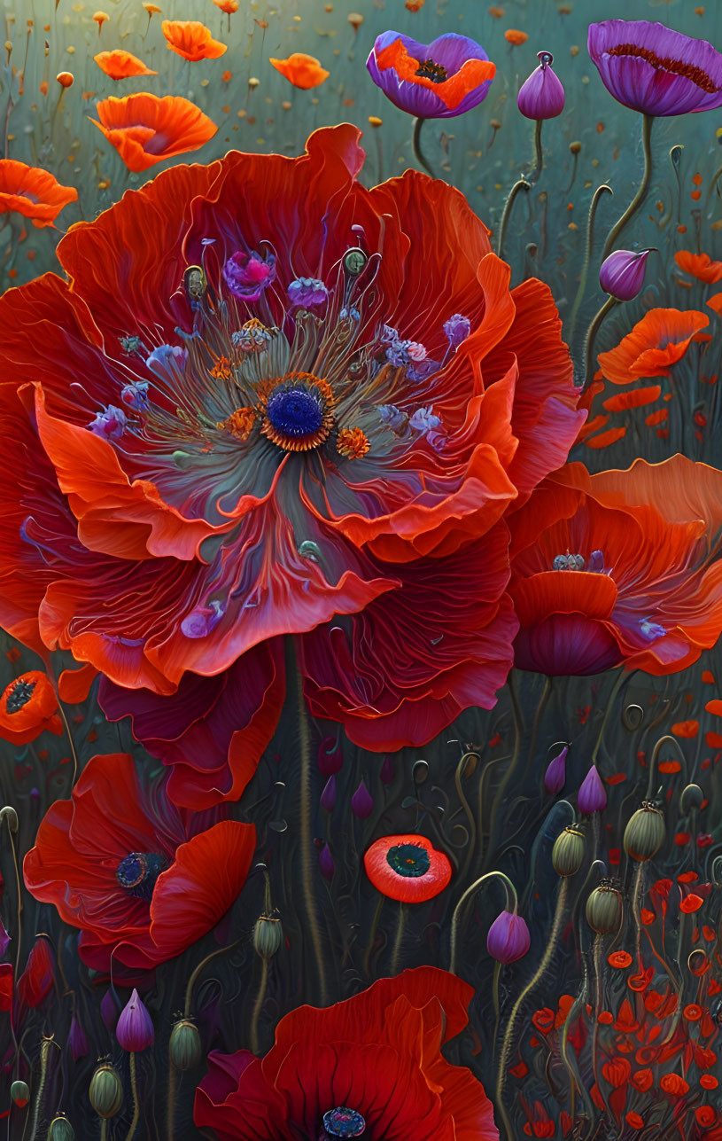 Colorful painting featuring large red poppy with buds on dark background