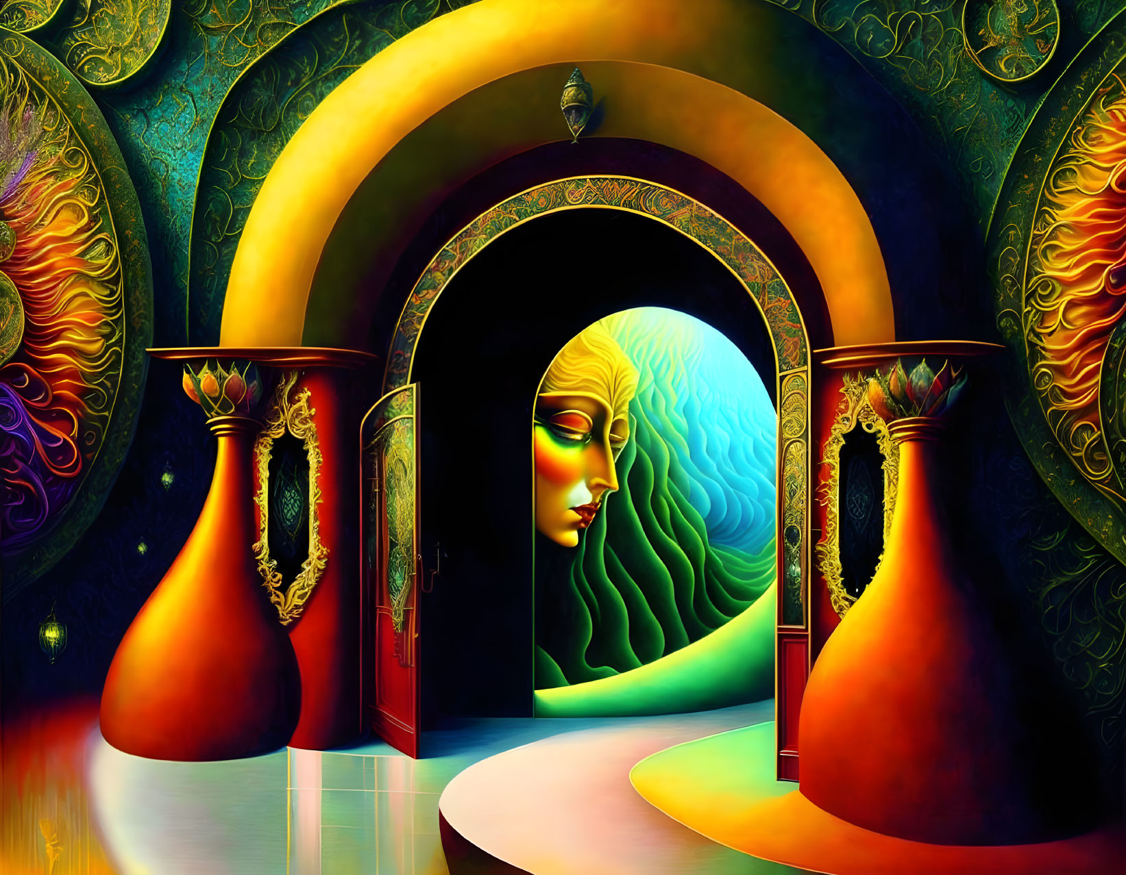 Surreal artwork: Arched doorway, red vases, merging face, wavy landscape