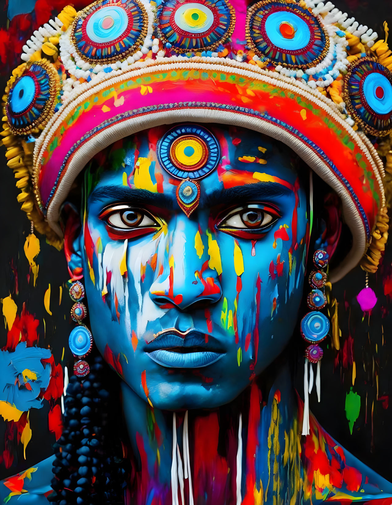 Colorful Portrait with Tribal Aesthetic and Elaborate Headdress